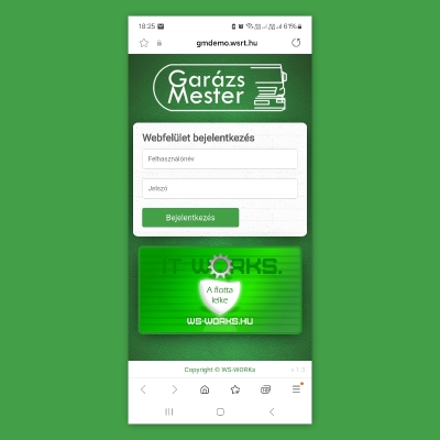 Bejelentkező képernyő -- Garázsmester - Üzemanyag, Gépjármű és Költség nyilvántartó szoftver (Flottamenedzsment)
